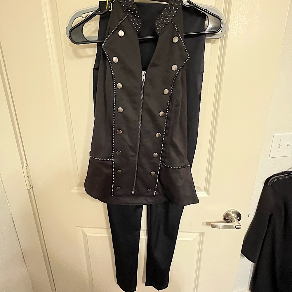 Black Dance Costume Adult Medium Pants and Bedazzled Tuxedo Top